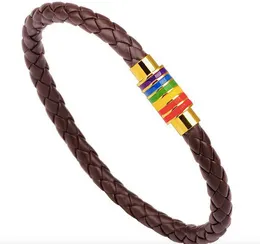 New Arrival Rainbow Charm Woven Leather Bracelets Stainless Steel Magnetic buckle Bracelet Jewelry For Men Women Epacket free ship