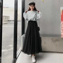 Spring Summer Vintage Skirts Womens Elastic High Waist Tulle Mesh Skirt Long Pleated Tutu Skirt Female Jupe Longue 210608