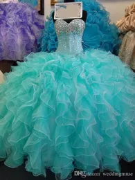 Quinceanera Mint Green Dresses Crystals Sweetheart Neck Sparkly Sequins Beaded Sleeveless Custom Made Sweet Ruffles Party Princess Prom Ball Gown Vestidos