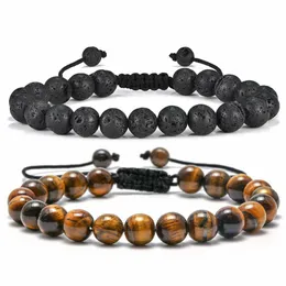 Natural Stone Bracelet 8mm Tiger Eye Bracelets Black Lava Stones Adjustable Yoga Beads Healing Energy Mens Bangle Friendship Gifts