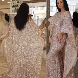 Arabic Rose Elegant Gold Mermaid Evening Dresses With Long Cape Wrap Glitter Sequined Women Formal Prom Party Gowns Sheer Jewel Neck