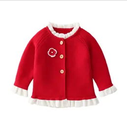 Ins Baby Girl Clothing Sweater Cardigan med 3-knappar Stereo Blomma Design Sweaters Solid Färg 100% Bomull Boutique Girls Spring Fall Kläder