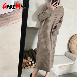 winter hooded knitted dresses for women Autumn Casual Sweater Dress women's warm loose Long thick long sleeve dress female 210428