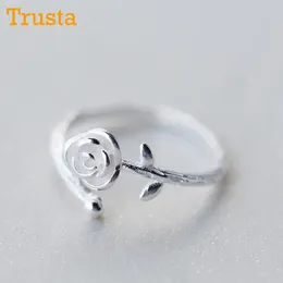 Anneaux de cluster Trusta 100% 925 Solide Real Sterling Silver Bijoux Rose Fleur Ouverture Bague réglable Taille 5 6 7 pour Teen Girl Femmes DS991