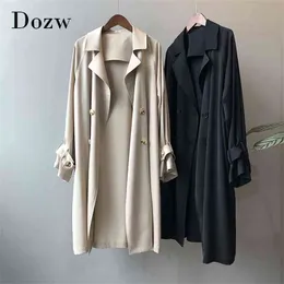 Mode Solid Färg Kvinnor Trench Coat Loose Double Breasted Windbreaker Ladies Casual Long Overcoat Abrigo Mujer 210515