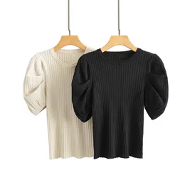 Ezdgaga Swetry dla kobiet Half Puff Sleeve O-Neck Knitting Tops Solid Stretch Jesień Sweter Cienkie Biuro Lady Elegancka Moda 210430