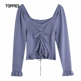 toppies 섹시한 자른 탑스 여성 스퀘어 칼라 러프 탑 여성 여성 긴 소매 Ruched Blouses 210412