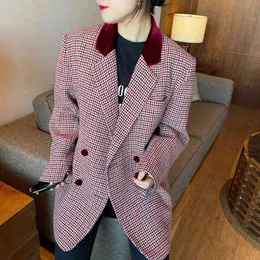 [eam] 여성 빨간색 큰 크기 격자 무늬 빈티지 블레이저 옷깃 긴 소매 느슨한 맞는 재킷 패션 봄 가을 1dd6437 21512