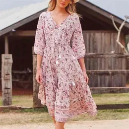 Föridol boho höst lång klänning kvinnor v nacke blommig tryck maxi strand semester rosa knapp vestidos 210415