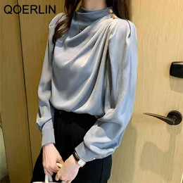 Elegant Koreansk Stand Collar Lantern Sleeve Fashion Long Shirt Blouse Zipper Fly Pleated Plus Storlek 2XL 210601