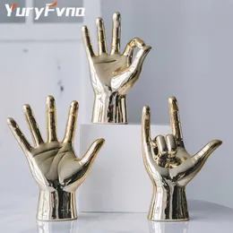 YuryFvna Nordic Creative Gold Plating Finger Art Skulptur Abstrakt Gesture Staty Keramik Hantverk Vardagsrum Dekorationer 210804