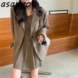 ASAPGOT BLAZER Anzüge Kleidung Anzüge Chic Koreanischer Lose Lässig England Stil Herbst Spaghetti Strap Falten Kleid Mini Retro 210610