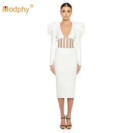 Sexy con scollo a V aderente a maniche lunghe midi abito autunno runway celebrità partito moda maglia cucitura bianco vestidos 210527