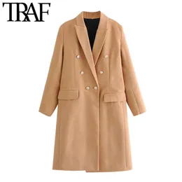 TRAF Women Fashion Double Breasted Woolen Coat Vintage Långärmad Back Vent Kvinna Ytterkläder Chic Overcoat 210415