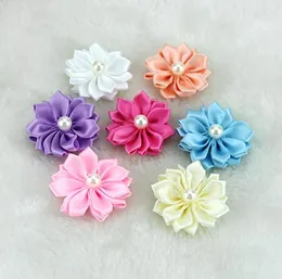 Fashion Satin Ribbon Multilayers Fabric Flowers For Headbands Kid Pearl Flower DIY Christmas Hair Styling