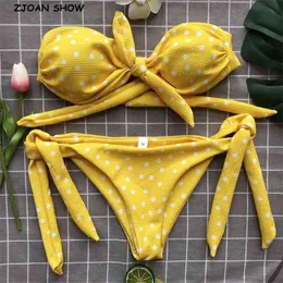 Sweet Tie Bow Dot Print Bikini Off Shoulder Push-Up Boho High Waist Swimsuit Strapless Two Piece Swimwear Beachwear 210429