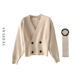 Yedinas Maglione Slim Donna Cardigan Con Cintura Vintage Manica Lunga Scollo A V Cashmere Beige Morbido Maglione di Alta Qualità Coreano 210527