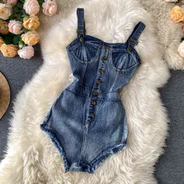 Verão New Spaghetti Strap Bodysuits Coreano Streetwear Único Peito Slim Playsuits Sexy Praia Estilo Denim Jumpsuits 210401