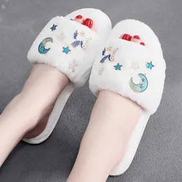 Women Cartoon Home Slippers Warm Winter Cute Indoor House Shoes For Ladies Soft Bottom Flats Starry sky Non-slip slippers s971 210625