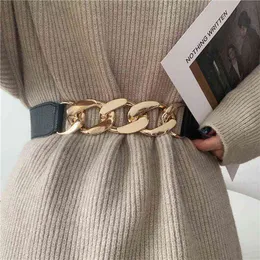 Silver Big Chain Belt Special Design No Buckle Waistbands New Black Elastic Wide Cummerbunds Weight Chains Dress Coat Decorate G220301