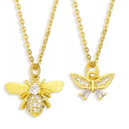 Pendanthalsband Flola Copper CZ Bee Butterfly Necklace White Stone Gold Short Chain Gift Wholesale Jewelry NKEY03
