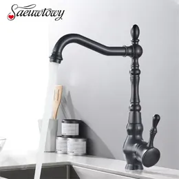 Klasyczny bateria kuchenna Black Bronze Basin Faucet 360 Rotatble Brass Kitchen Deck Instalacja i Mikser zimny 211108