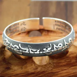 999 Sterling Silver Kvinnors Buddhist Sutra Mäns Klassisk Retro Sex Karaktär Mantra Öppna Bracelet Smycken Gift