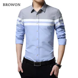 Browon Moda Męskie Koszule Marka Odzież Slim Fit Patchwork Stripe Ubrania męska Koszula z długim rękawem dla mężczyzn Camiseta 210721