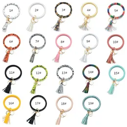 PU Leather Tassels Bracelet Keychain Wrist Ring Sunflower Leopard Patterns Bangle Holder Dia 7.5cm 100pcs