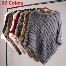 Real Rabbit Fur Knitted Rabbit Fur Poncho Vest Fashion Wrap Coat Shawl Lady Scarf Natural Fur Wedding Party Wholesale Cape 211110
