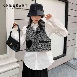 Coração negro colhido colete jaqueta primavera coreano moda sem mangas Top Mulheres Casaco Botão Up Short 210427