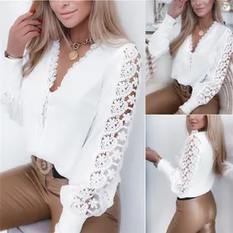 Elegant Fashion Hollow Out Lace Shirts Women's Clothing Autumn Winter Office Ladie V-Neck Lantern Sleeve White Blouses 220225