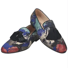 Oil Painting Silk Men Dress Shoes Moccasin Handmade Tassel Men's Loafers Plus Size Slip-On Male Smoking Slippers
