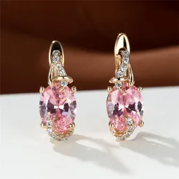 Hoop & Huggie Rose Gold Color Wedding Earrings Multicolor Zircon Charm Crystal Pink Red Blue White Oval Stone For Women