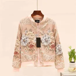 jaqueta de cetim jacquard vintage para mulher beading floral manga comprida rosa casaco casual outfit 210603
