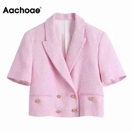 Aachoae Chic Frauen Rosa Tweed Cropped Blazer Zweireiher Kurzarm Jacke Sommer Kerb Kragen Oberbekleidung Damen Tops 210413