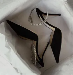 Lüks bayanlar elbise sandalet ayakkabıları pompalar kadın yüksek topuklu kristaller ayak bileği kayış nokta ayak parmağı saeda 100mm kristal süslenmiş saten zarif düğün kutu, eu35-42
