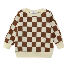 Nya barnkläder Bomull Baby Boys Sweatshirts för Spring Barnkläder Plaid Little Girl Outerwear Kostym 210413