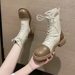 Hot Autumn winter Women's boots Leather Ankle boot's Zipper Laces Casual shoes fashion chunky heels Women luxury sneakers size 35-40