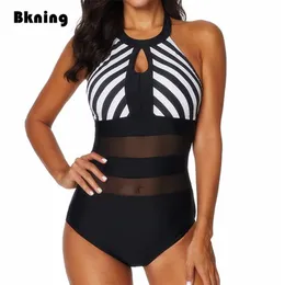 Bkning XXL Swimsuits Female One 1 Piece Swimwear Plus Size Bathing Suit High Neck Transpare Mayokini Large Mesh Striped Badpak 210712