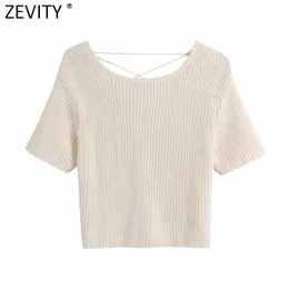 ZEVITY 여성 단색 솔리드 컬러 짧은 뜨개질 스웨터 FEMME 세련된 여름 섹시한 백리스 레이스 캐주얼 슬림 풀오버 자르기 탑스 SW830 210603