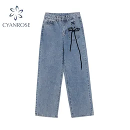 Весна осень джинсы женщина джинсовые длинные брюки женские свободные плюс размер винтажный бабочка уличная одежда парня высокая талия широкая нога джинсы 210417