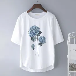 Bomull Blomstryck Vit T-shirt Kvinnor 4xl Modis Sommar Top Half Sleeve Grafisk Tees O-Neck Loose Tee Femme Kvinnors T-shirt