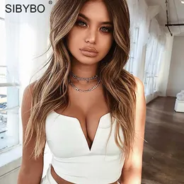 Sibybo Deep V Neck Backless Women Red Bustier Crop Top Sleeveless Party Clue Cute Tops Tank Slim Female Camisole New Q190516