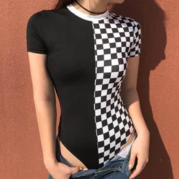 Rahat Yaz Kadın Ekose T-shirt Seksi Vintage Kısa Kollu O-Boyun Checkerboard Kılıf Tees Renk-Blok Tişörtleri Üstleri Ücretsiz Tee 210518