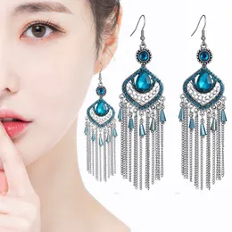 Korean Fashion Bohemian Dangle Earrings Women Vintage Drop-shaped Alloy Inlaid Rhinestone Crystal Long Chain Tassel Ladies Earring