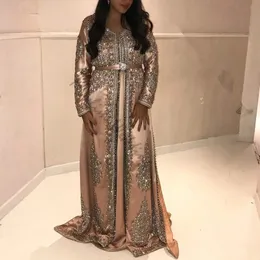 Glitter Rose Gold Kaftan Morrocan Evening Dresses Elegant Long Sleeve Crystal Prom Dress 2021 Plus Size A Line Special Occasion