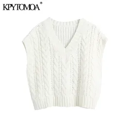 Kvinnor Fashion Oversized Cable Knitted Vest Sweater V Nacke Ärmlös Kvinna Waistcoat Chic Toppar 210420