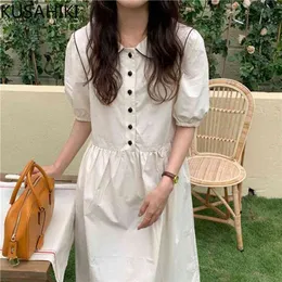 Woman Dress Sweet Peter Pan Collar Puff Sleeve Dresses Causal Korean Buttons High Waist A-line Vestidos De Mujer 6H580 210603