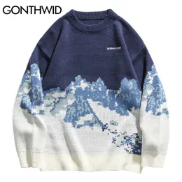 Gonthwid Snow Mountaint Jumper Sweaters Street Giyim Mens Hip Hop Harajuku Külot Örgü Tepeleri Moda Örgü Erkek 220108